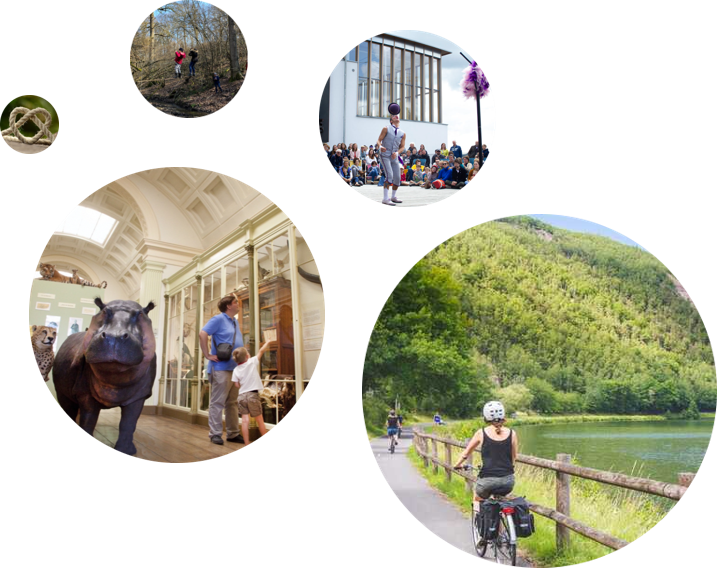images : Ballade en vélo le long de la Meuse ; Spectacle festival Namur en mai - LeDelta ; Visite du musée de Tervueren